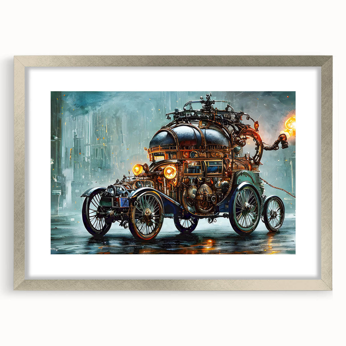 Textured abstract art print of service vehicles in muted grays and blues on a framed silver mat, ideal for bedroom art.