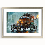 Textured abstract art print of service vehicles in muted grays and blues on a framed silver mat, ideal for bedroom art.