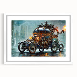 Abstract art print of colorful service vehicles on a white framed poster, suitable for dining room decor.