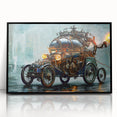 Large abstract wall art featuring assorted service vehicles in muted colors on a black acrylic frame.