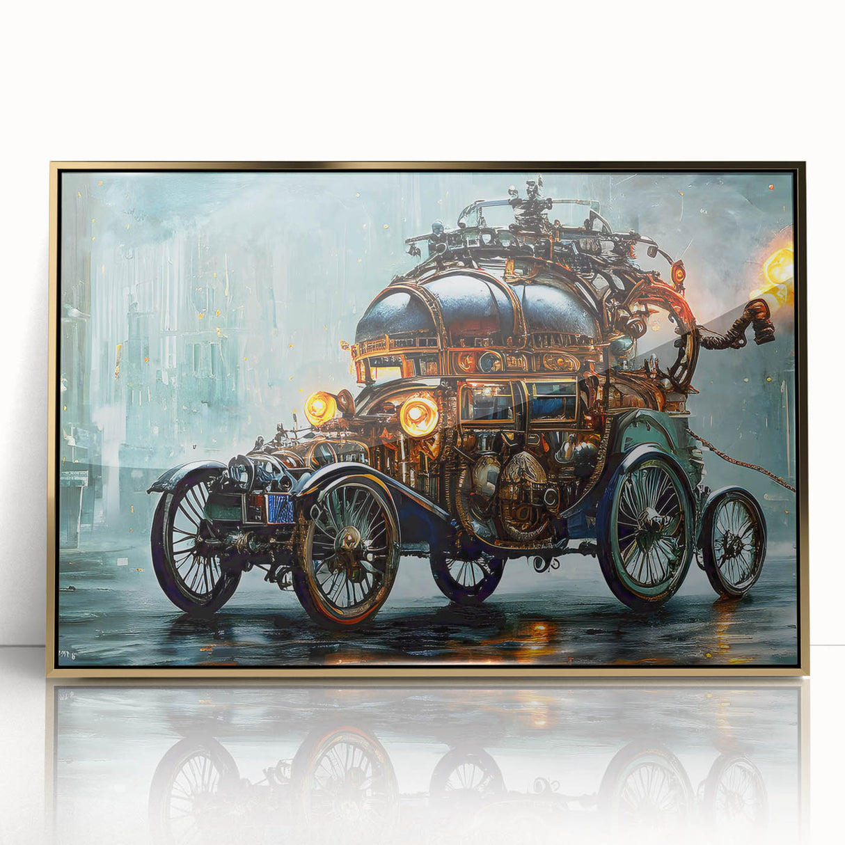 Mid-century modernist style large art print of colorful service vehicles on acrylic, framed in gold.