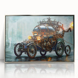 Mid-century modernist art depicting colorful service vehicles on a silver acrylic framed poster.