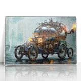 Art deco poster of colorful vintage cars on white acrylic, ideal for nursery wall art.
