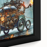 Extra large black wall art featuring a vibrant, textured depiction of colorful service vehicles on a framed canvas.