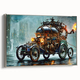 Framed canvas of vintage poster art featuring colorful landscape with black classic cars, ideal for living room decor.