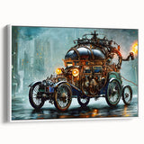 Framed canvas vintage poster art of colorful service vehicles on a black background, ideal for living room decor.