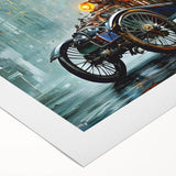 Art deco poster featuring a collection of vintage service vehicles in muted earth tones on rolled canvas.