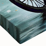 Black and white landscape art painting on stretched canvas featuring a detailed cityscape with service vehicles.