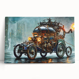 Large black and white stretched canvas featuring a detailed illustration of vintage service vehicles.
