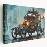 Large art print on stretched canvas depicting a side view of colorful service vehicles, ideal for kitchen wall art.