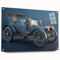 Acrylic print of a collection of side-view service vehicles in muted grey and blue tones; suitable for bedroom or dining…