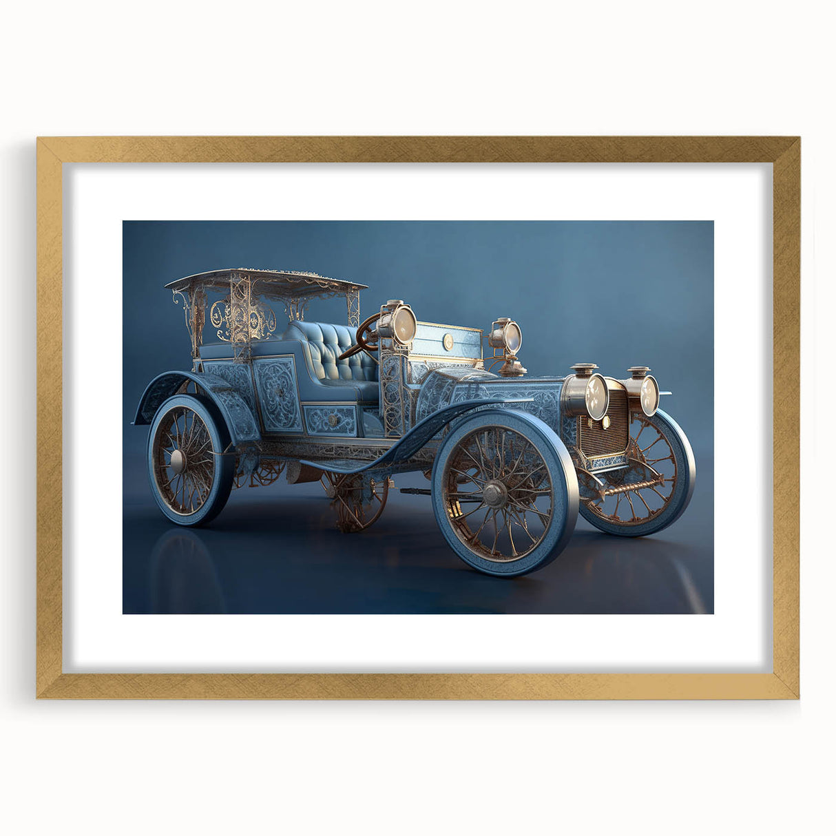 Extra large abstract art print of service vehicles in textured style, framed in gold, ideal for living room decor.