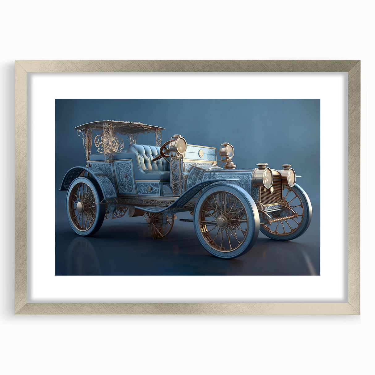 Textured abstract art print of stylized service vehicles in gray and silver tones, framed, ideal for bedroom art.