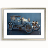 Textured abstract art print of stylized service vehicles in gray and silver tones, framed, ideal for bedroom art.
