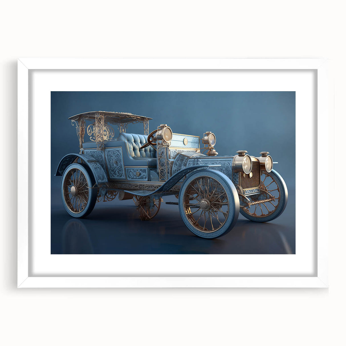 Abstract art print featuring a series of stylized service vehicles in muted gray and blue tones on a white framed poster.