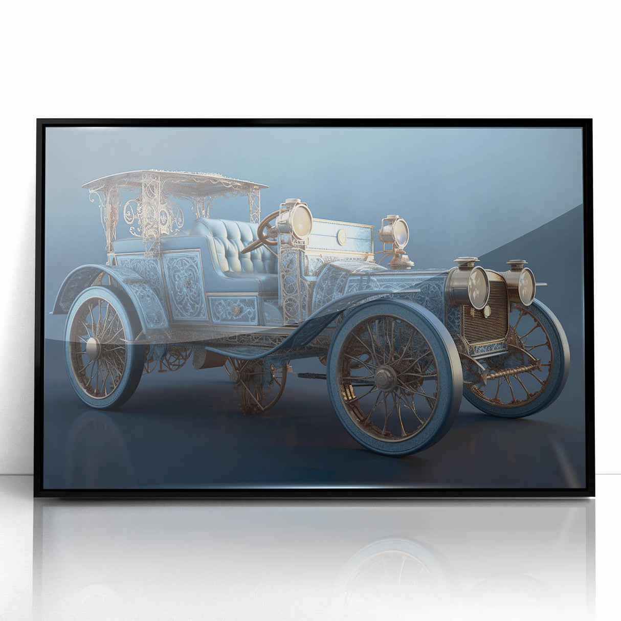 Large abstract wall art featuring assorted service vehicles in mid-century modernist style.