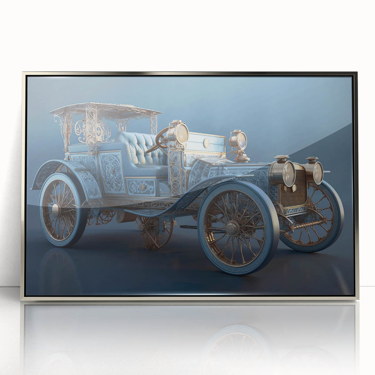 Mid-century modernist art poster featuring colorful abstract vehicles on silver-framed acrylic.