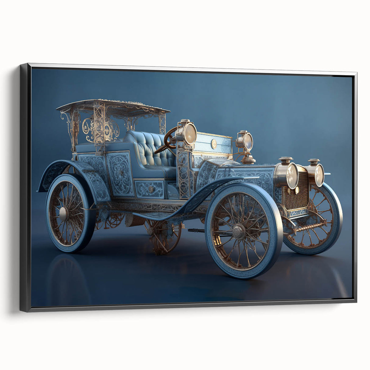 Black and white vintage poster art of landscape with service vehicles on framed canvas, suitable for bedroom decor.
