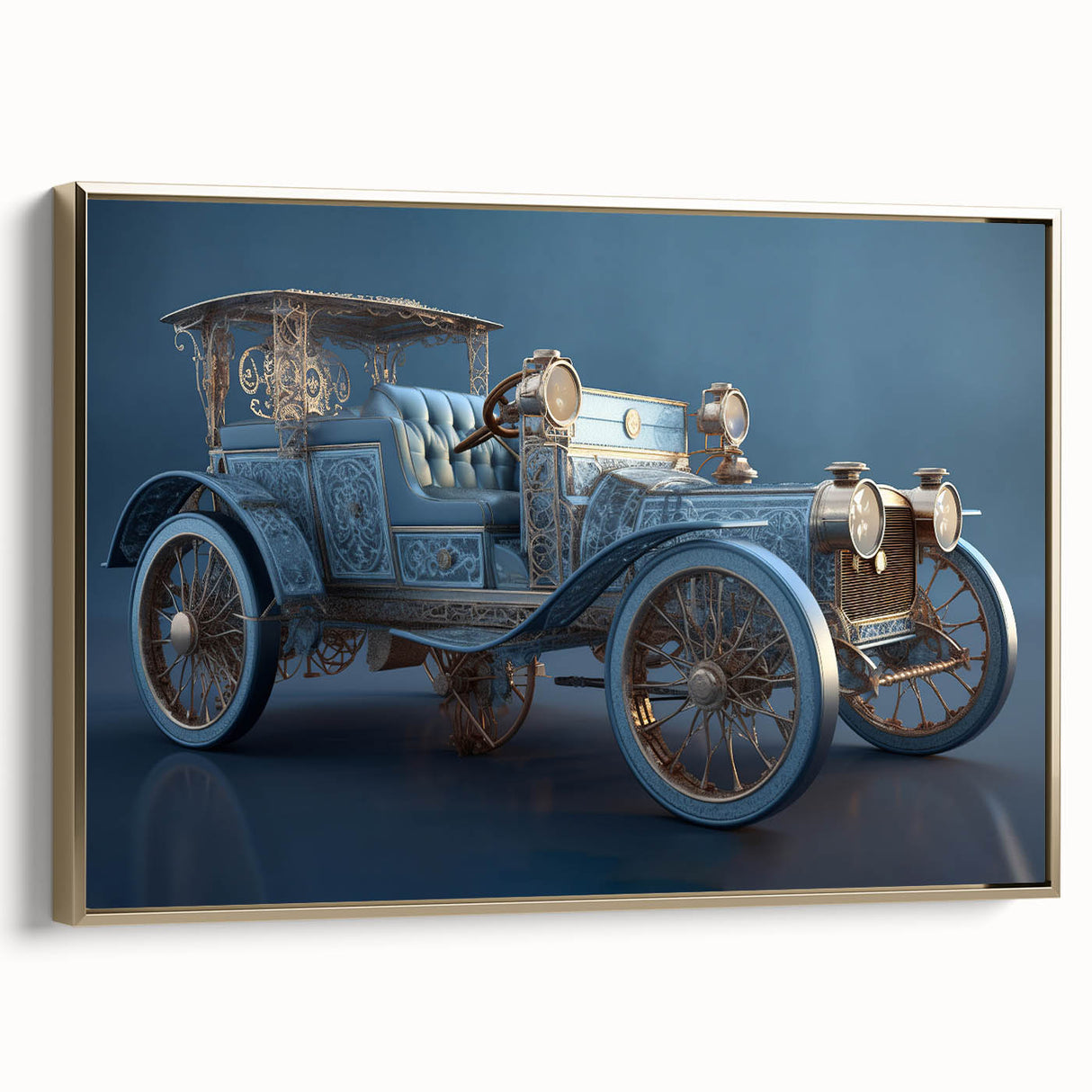 Framed canvas featuring a vintage poster of black service vehicles in a landscape setting, suitable for bedroom decor.