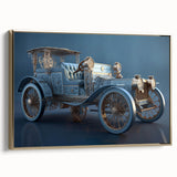 Framed canvas featuring a vintage poster of black service vehicles in a landscape setting, suitable for bedroom decor.