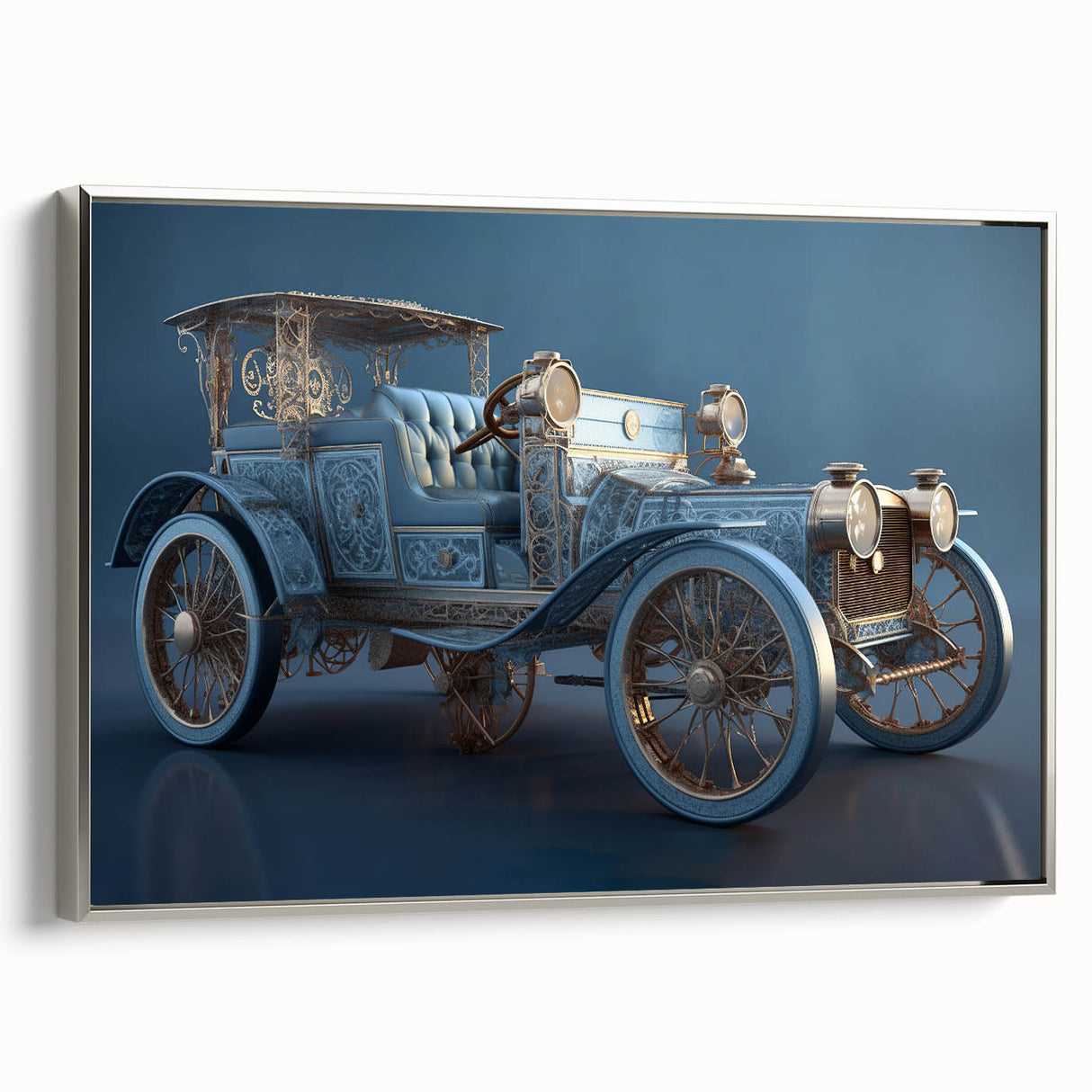 Framed canvas of a vintage poster featuring colorful, stylized service vehicles on a black background.