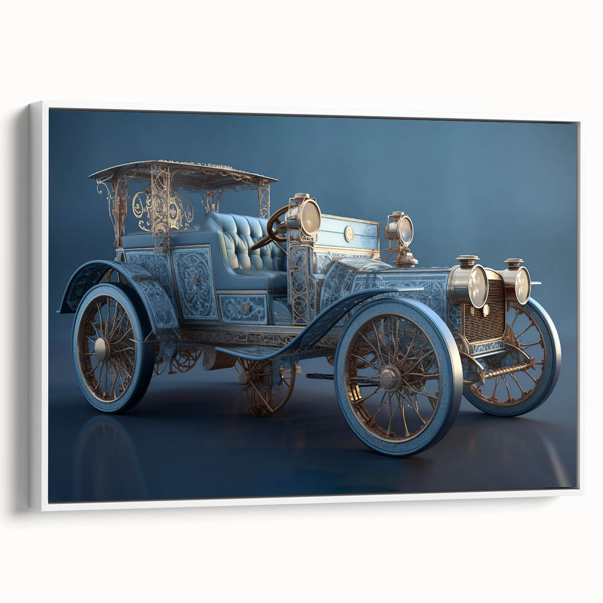 Vintage poster art of colorful service vehicles on a large framed canvas, ideal for living room decor.