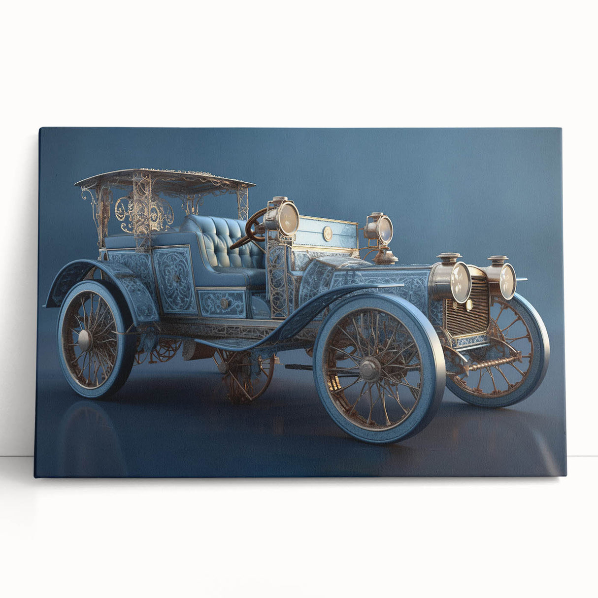 Black and white photo of vintage cars printed on large stretched canvas, suitable for kitchen wall art.