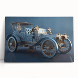 Black and white photo of vintage cars printed on large stretched canvas, suitable for kitchen wall art.