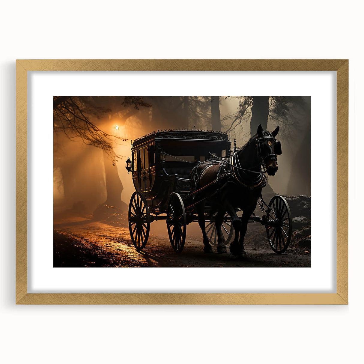 Extra large abstract art print featuring textured design of service vehicles in muted earth tones on a gold-framed canvas.