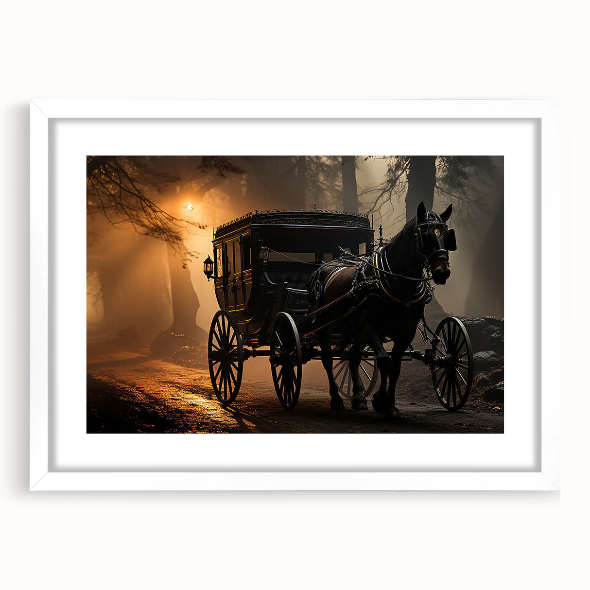 Abstract art print featuring a variety of stylized service vehicles in muted colors, framed with a white mat.