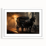 Abstract art print featuring a variety of stylized service vehicles in muted colors, framed with a white mat.