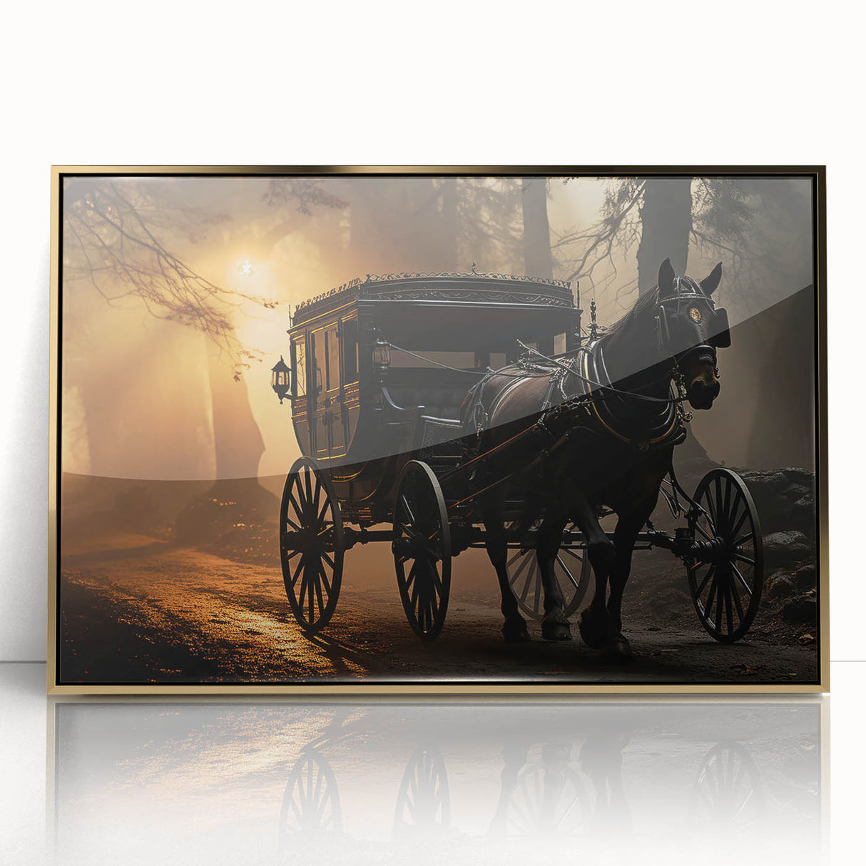 Mid-century modernist style large art print of colorful service vehicles on acrylic, framed in gold.