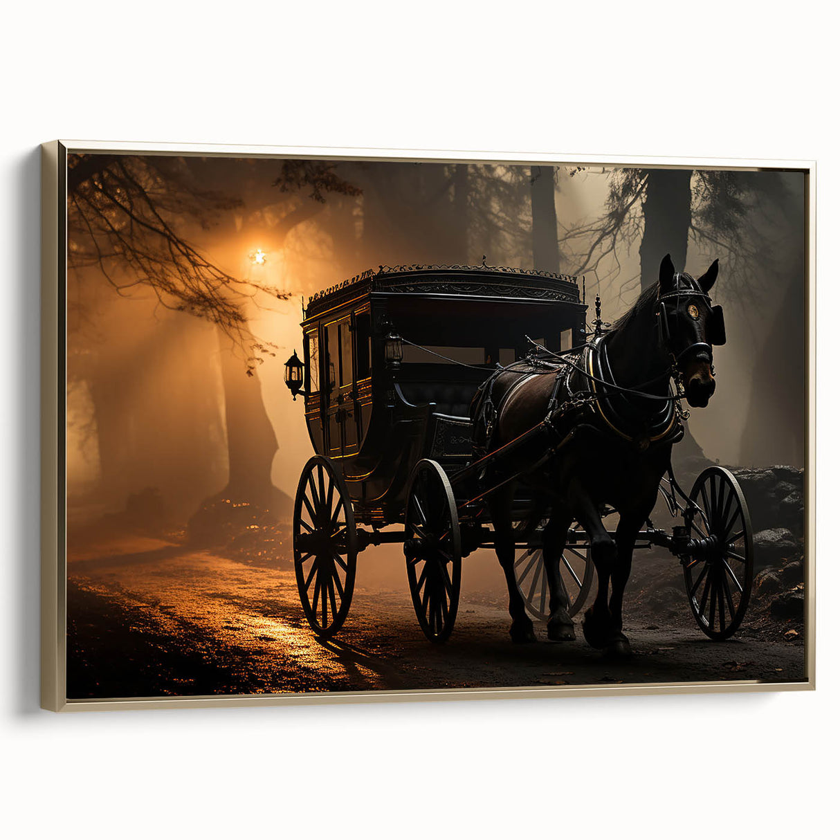 Framed canvas featuring a side view of a vintage gold vehicle on a black background, suitable for bedroom wall art.