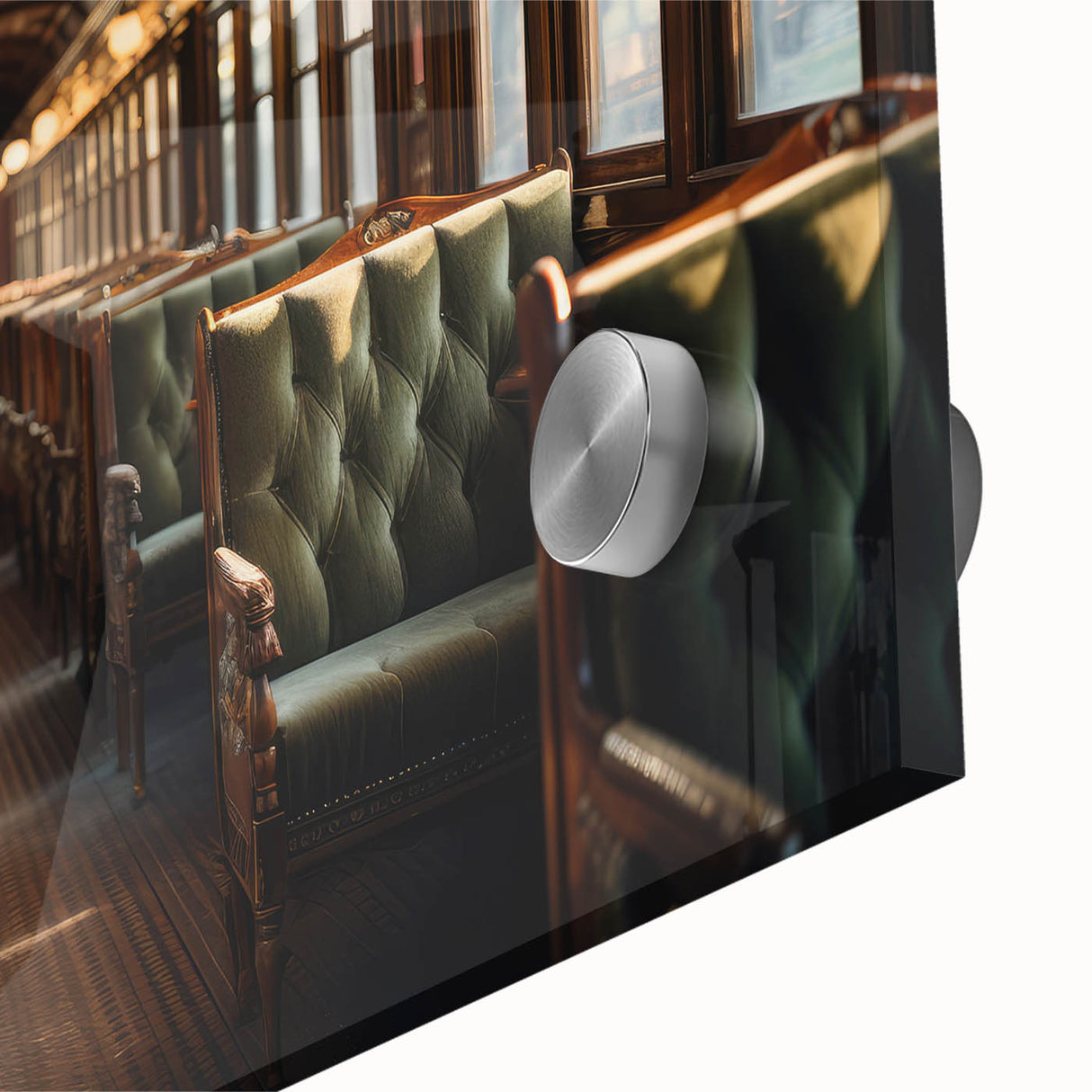 Large abstract wall art featuring a mid-century modernist design of service vehicles in muted earth tones on acrylic glass.