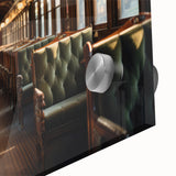 Large abstract wall art featuring a mid-century modernist design of service vehicles in muted earth tones on acrylic glass.