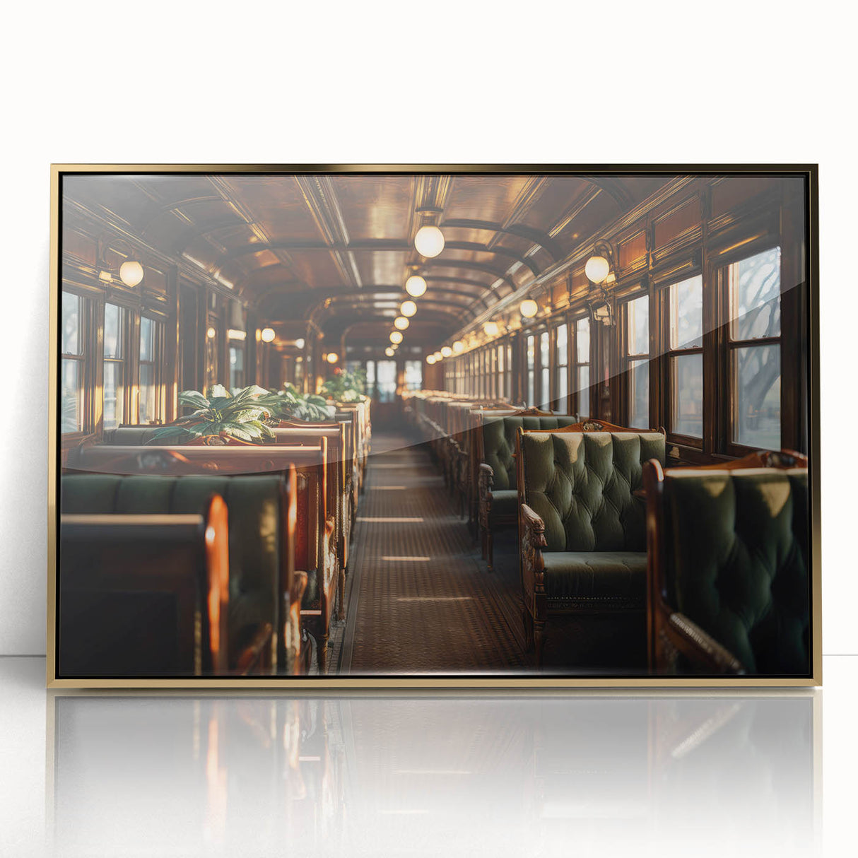 Mid-century modernist style large art print of colorful service vehicles on acrylic, framed in gold.