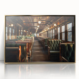 Mid-century modernist style large art print of colorful service vehicles on acrylic, framed in gold.