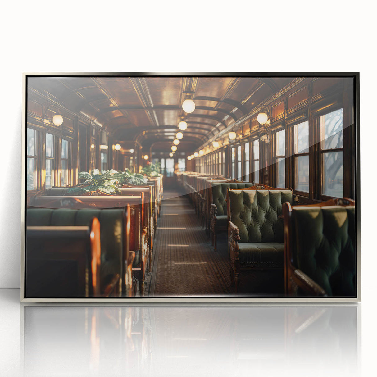 Mid-century modernist art featuring a collection of stylized service vehicles in muted colors on a silver-framed acrylic…