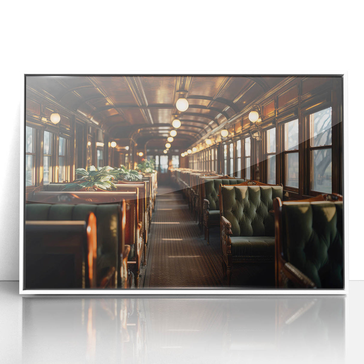 Art deco poster of stylized service vehicles in muted blue and cream, acrylic print in white frame.