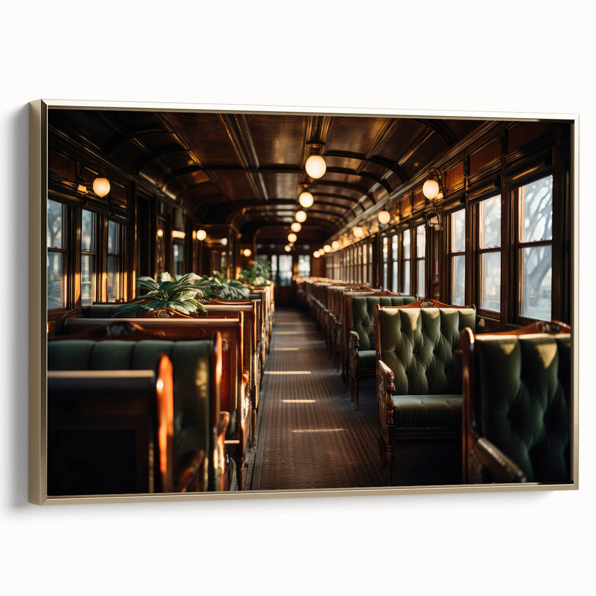 Framed canvas of vintage-style landscape with black vehicles, ideal for bedroom wall art.