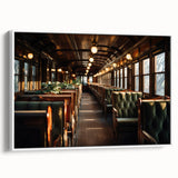 Vintage poster art of colorful service vehicles on a black background, framed canvas, ideal for living room decor.