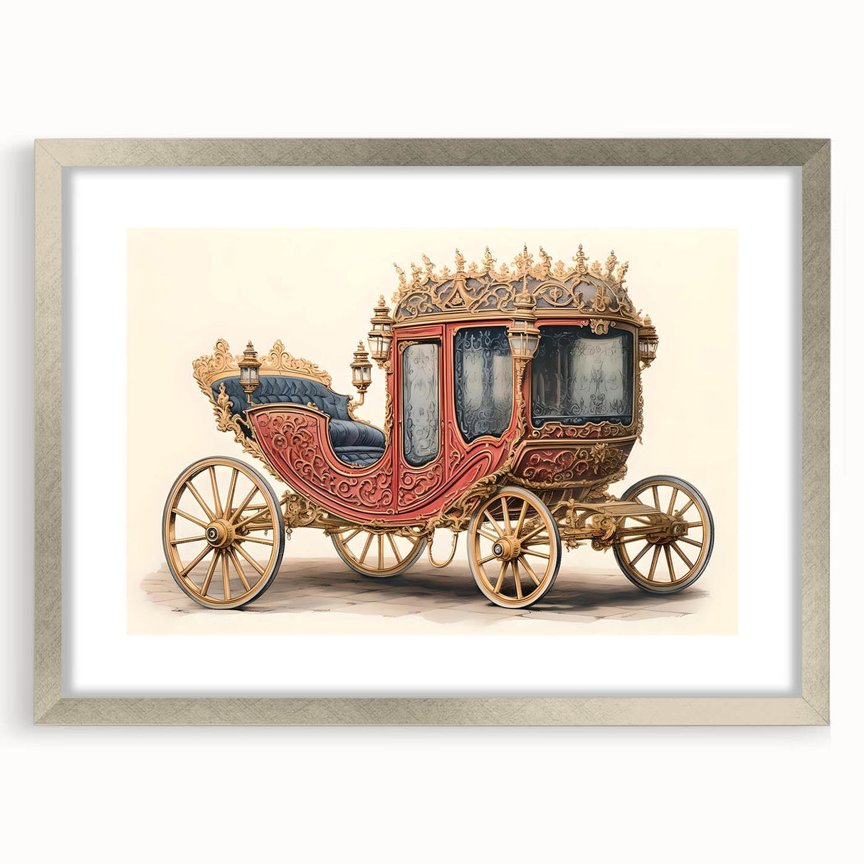 Textured art print of abstract service vehicles in muted gray and blue tones on a silver-framed mat.