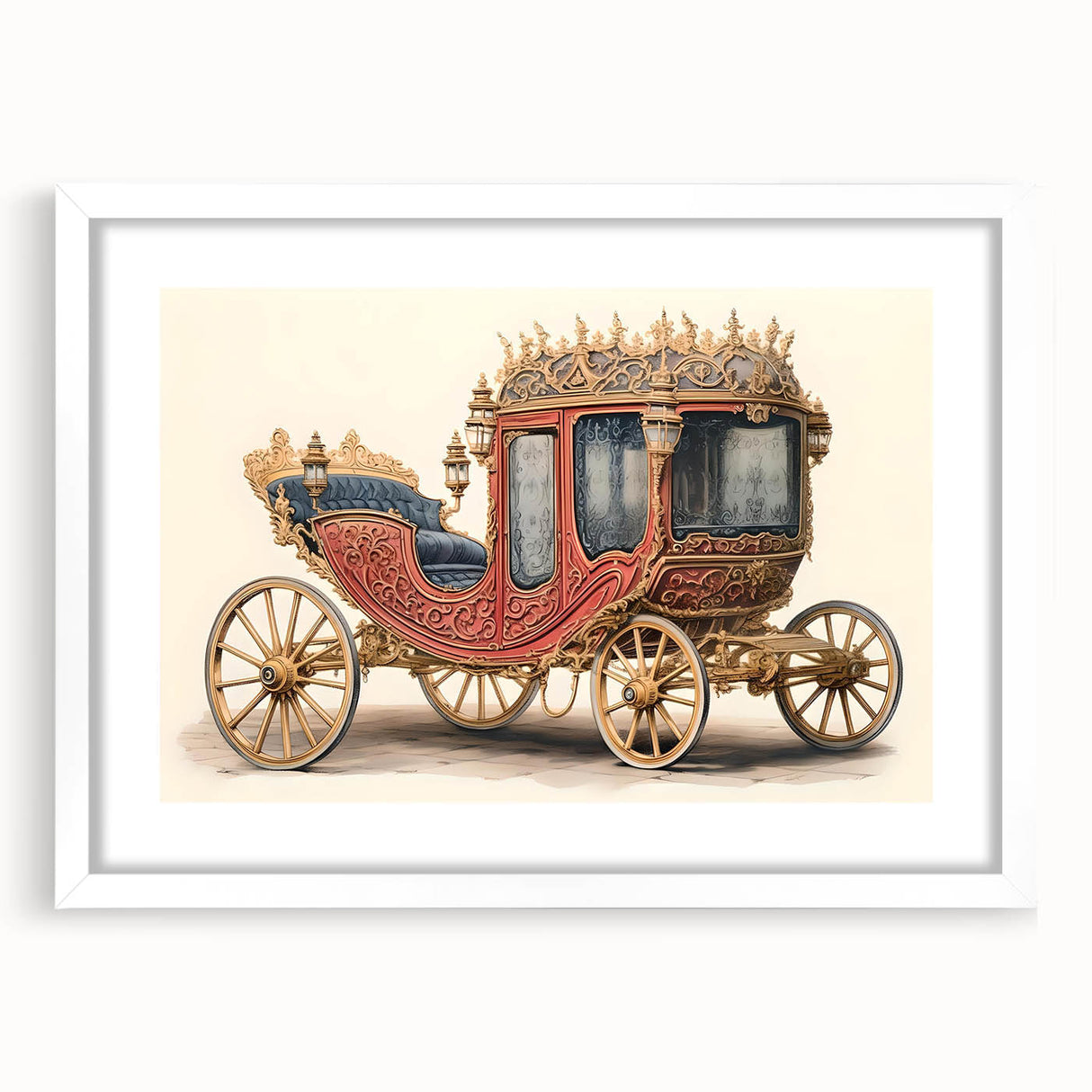 Abstract art print of assorted service vehicles in muted gray and blue tones on a white framed poster.