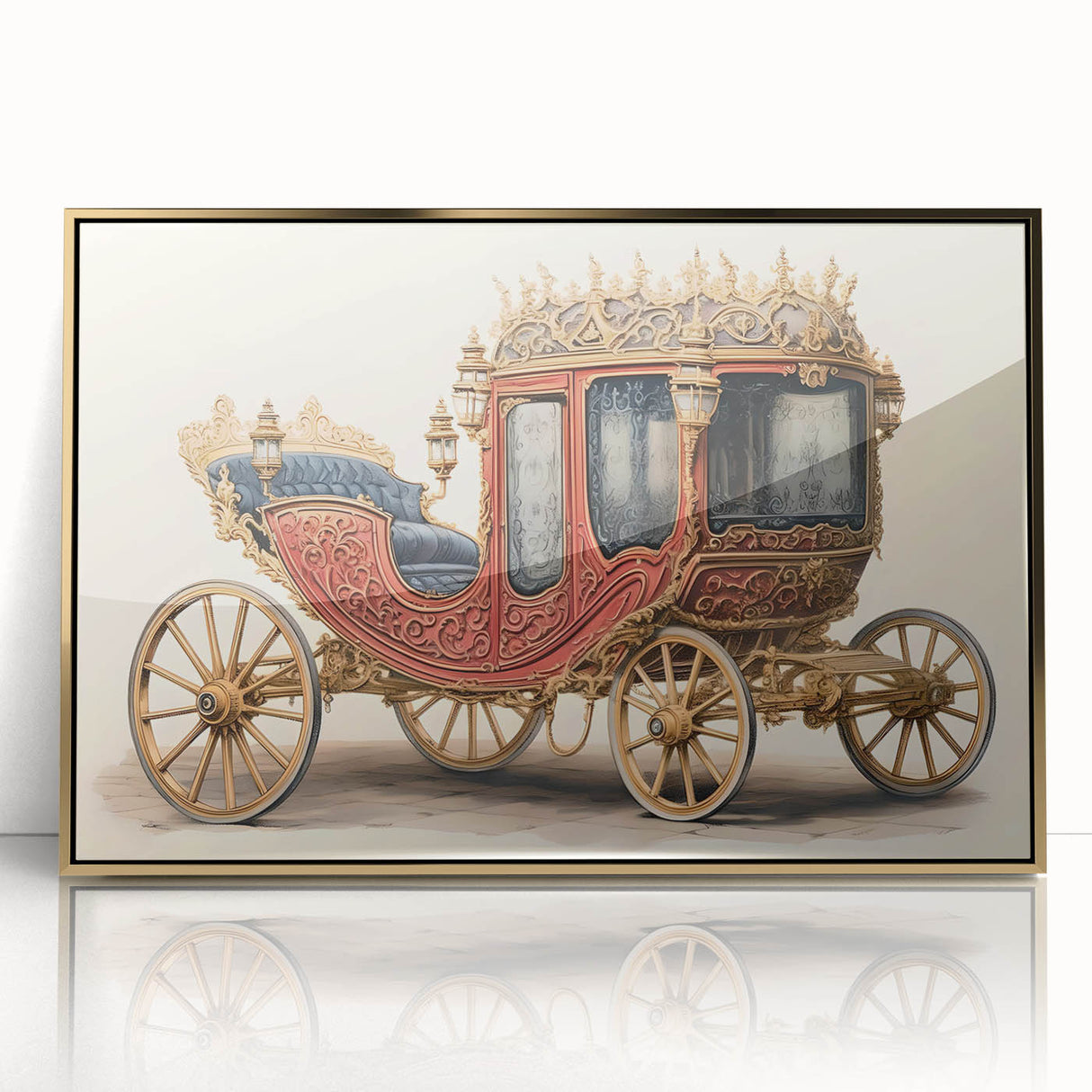 Mid-century modernist art featuring service vehicles in vibrant colors on a gold-framed acrylic, ideal for nursery wall art.