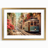 Extra large abstract art print featuring textured design of service vehicles in gold frame, ideal for living room decor.