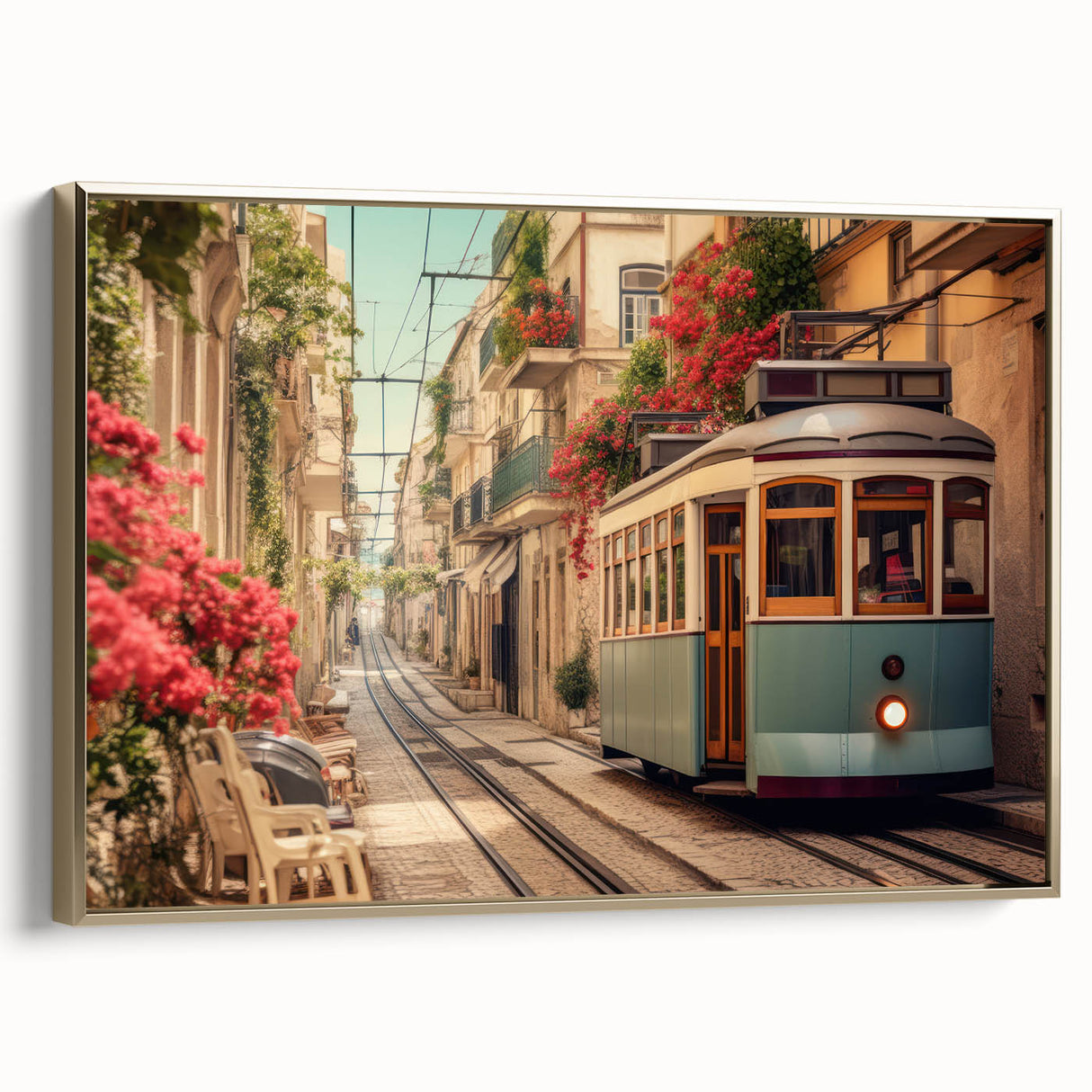 Framed canvas featuring a vintage poster of a black landscape with service vehicles, ideal for bedroom wall art.