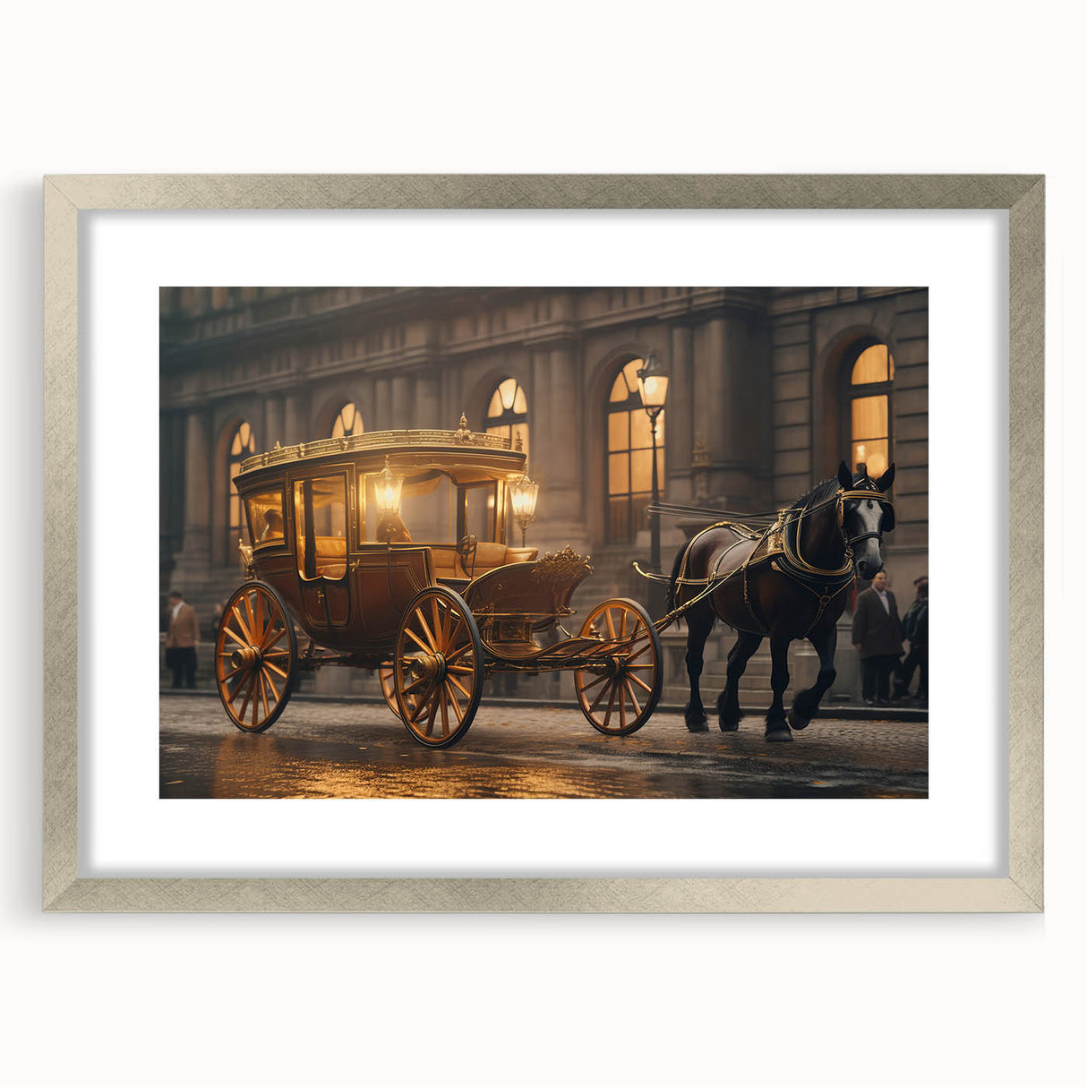 Abstract art print of service vehicles in textured gray and black, framed in silver, suitable for bedroom decor.