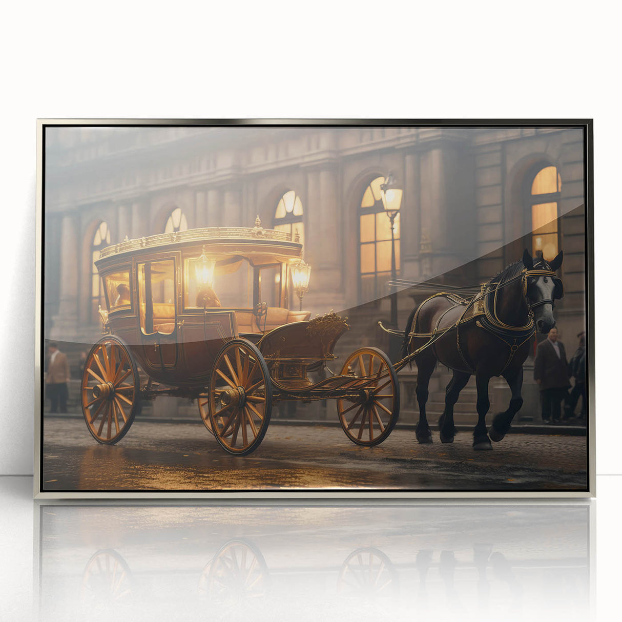 Mid-century modernist art depicting colorful service vehicles on a silver acrylic frame, suitable for nursery wall decor.