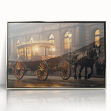 Mid-century modernist art depicting colorful service vehicles on a silver acrylic frame, suitable for nursery wall decor.