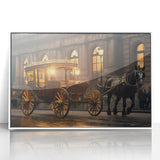 Art deco poster featuring a series of stylized service vehicles in monochrome, framed in white acrylic.